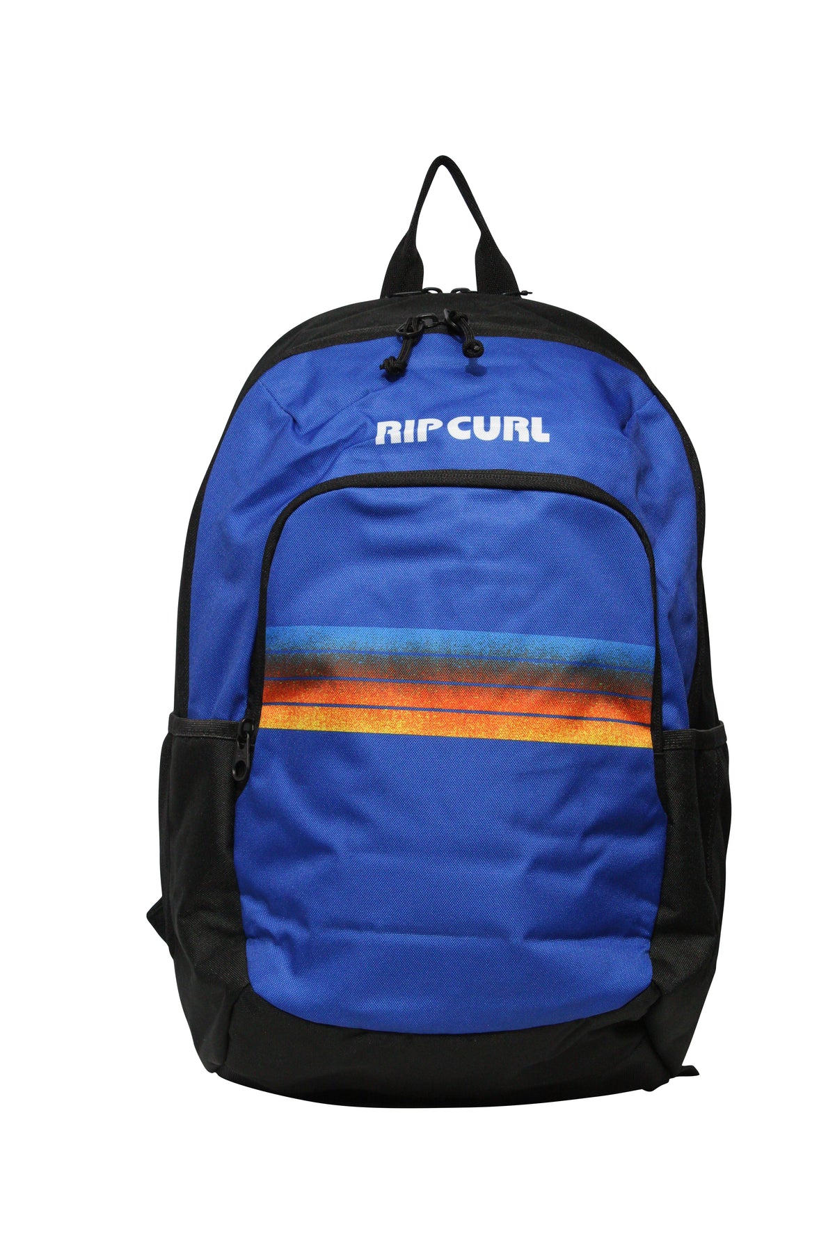 The Rip Curl Ozone 30L School Backpack is made from recycled polyester and features a blue and black design with a multicolored stripe, "RIP CURL" in white, zippered compartments, a laptop section, and adjustable straps for convenience and eco-friendliness.