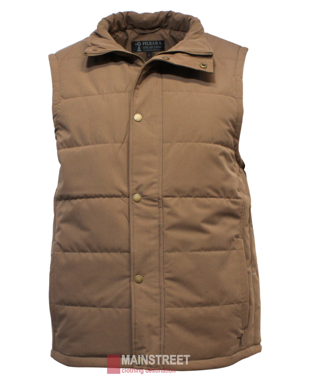 The Pilbara Vest is a brown, sleeveless, quilted polyfill padded vest featuring a high collar and front button closure. It sports a small label inside the collar. Displayed against a white background, its casual design offers warmth and style.
.