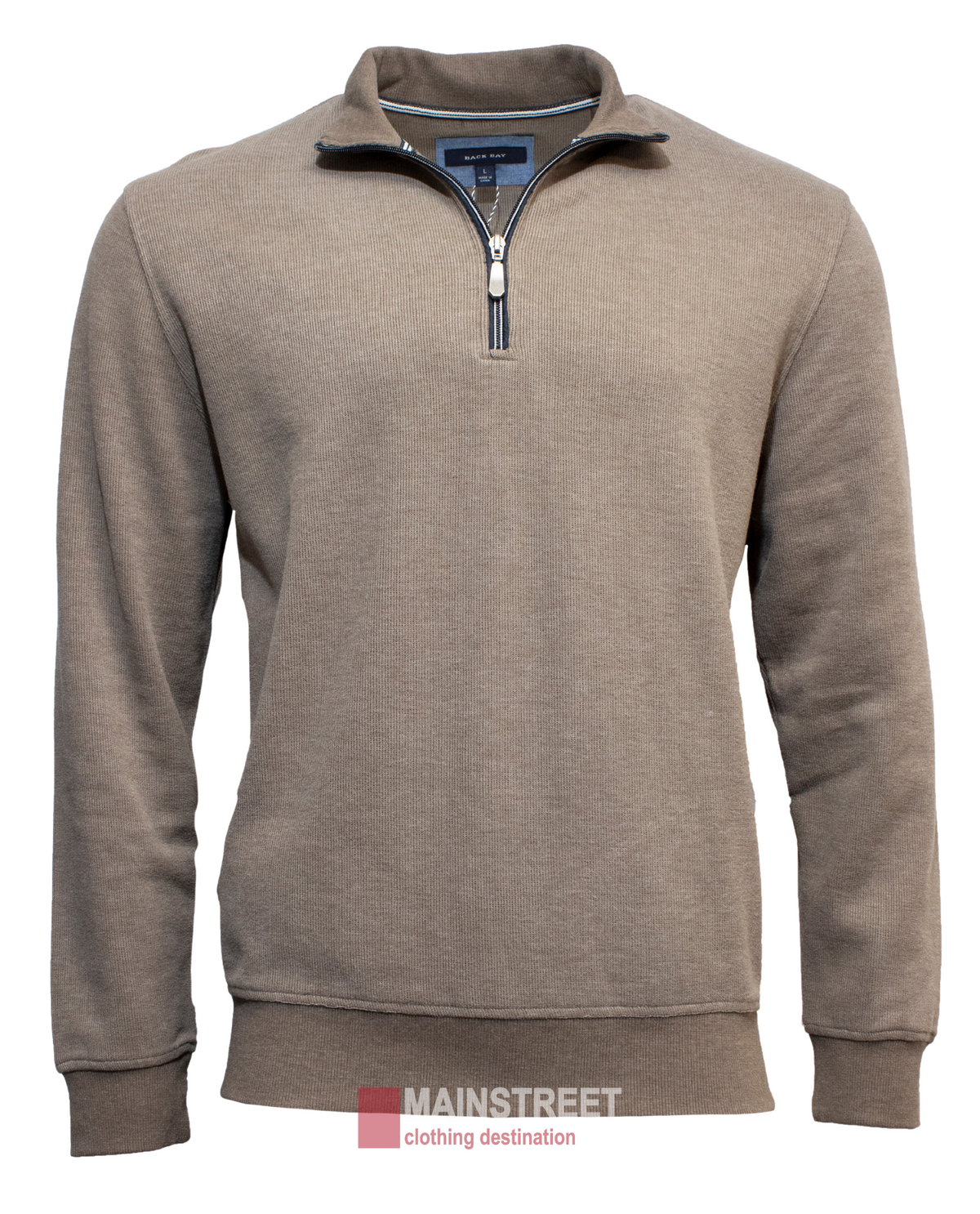 A beige Back Bay Peached French Rib Fleece, featuring long sleeves and a half-zip design, is displayed on a plain white background. The sweater boasts a rib knit standing collar and a black zipper in the middle. At the bottom of the image, there's a logo with the words "MAINSTREET clothing destination.
