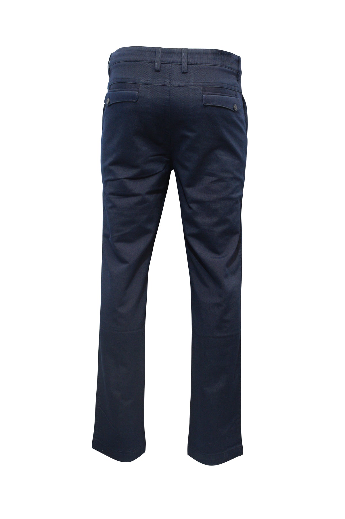 The Bob Spears Casual Stretch Pant in navy blue, made from a Cotton Polyester Spandex blend, offers comfort with two buttoned back pockets and belt loops. The rear view showcases neatly pressed fabric and visible stitching details.
