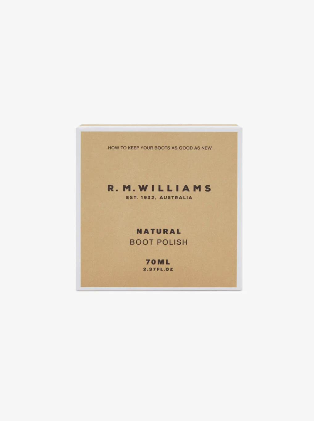 The image shows a square, tan-colored box of RM Williams Stockmans Boot Polish. The front label includes the text "HOW TO KEEP YOUR BOOTS AS GOOD AS NEW," "R.M. WILLIAMS EST. 1932, AUSTRALIA," and "NATURAL BOOT POLISH 70ML 2.37 FL. OZ." This boot polish is alcohol-free