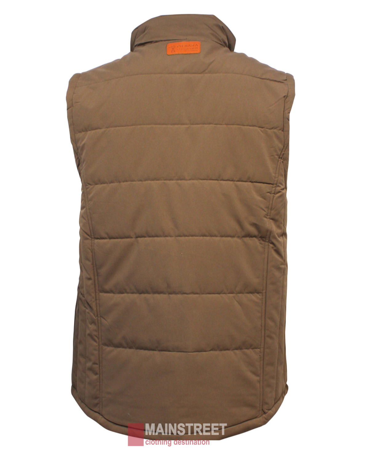 The Pilbara Vest is shown from the back, with a high collar and stitched horizontal pattern. A small leather patch is near the collar of this casual polyfill padded vest. The image includes "MAINSTREET Clothing destination" at the bottom.