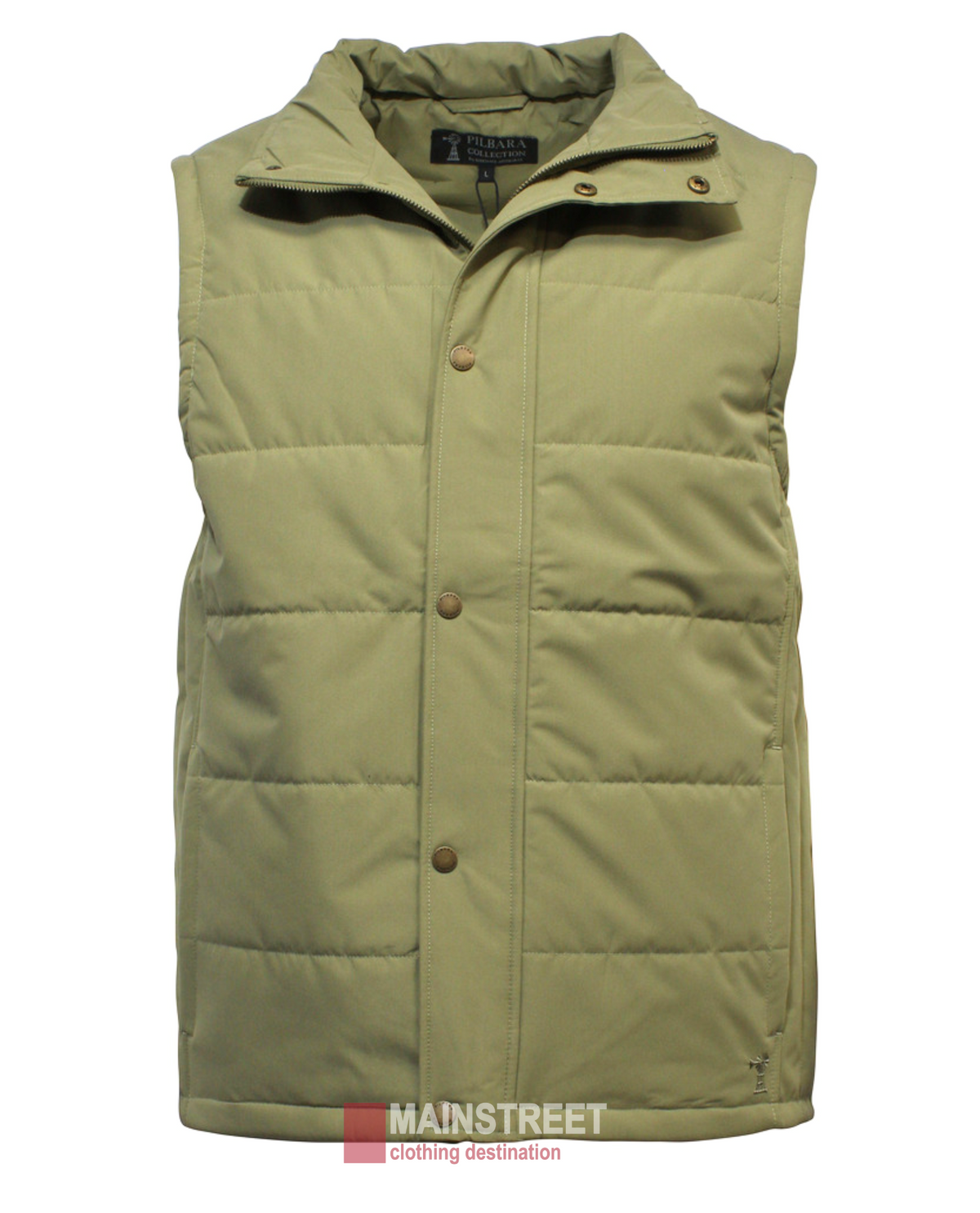 The Pilbara Vest is a beige quilted microfibre vest with a button-up front and a "MAINSTREET" label at the bottom. This sleeveless design includes a high collar and polyfill padding for warmth and style.