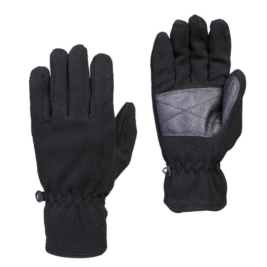 A pair of Rainbird Trek Gloves in black, featuring a sure grip palm and an elastic wrist band. One glove is shown palm-up, displaying the durable polyester fleece grip surface, while the other is displayed back-up. The gloves appear to be made of a soft, insulating material