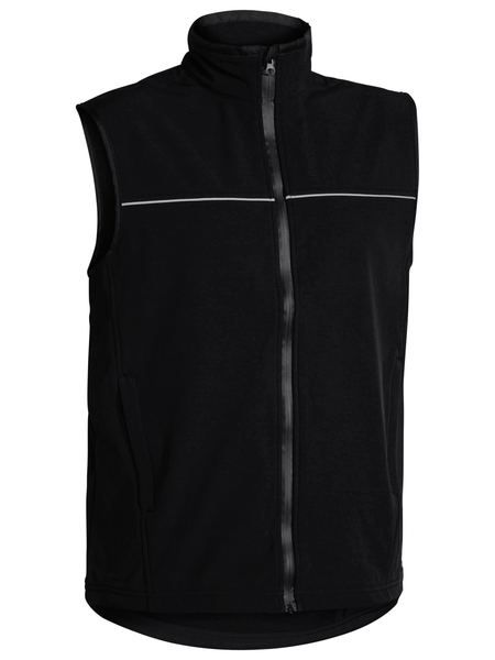 The Bisley Soft Shell Vest is a black, sleeveless vest featuring a high collar and a full-length front zipper. It boasts reflective piping across the chest for enhanced visibility and convenient side pockets with zippers. The lightweight material is showerproof, making it ideal for outdoor activities while ensuring comfort.