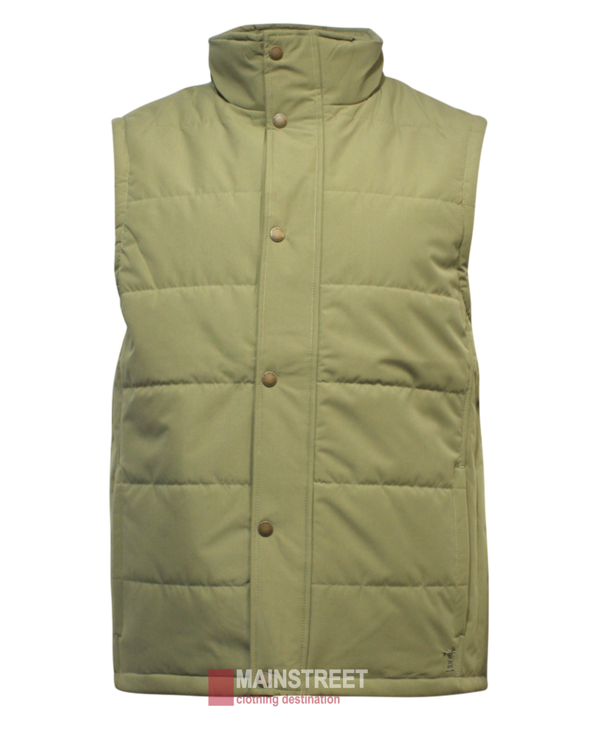 The Pilbara Vest, an olive green microfibre vest with polyfill padding, features a high collar and snap buttons. It's waterproof and displayed against a plain white background, highlighting the "Mainstreet" logo at the bottom.