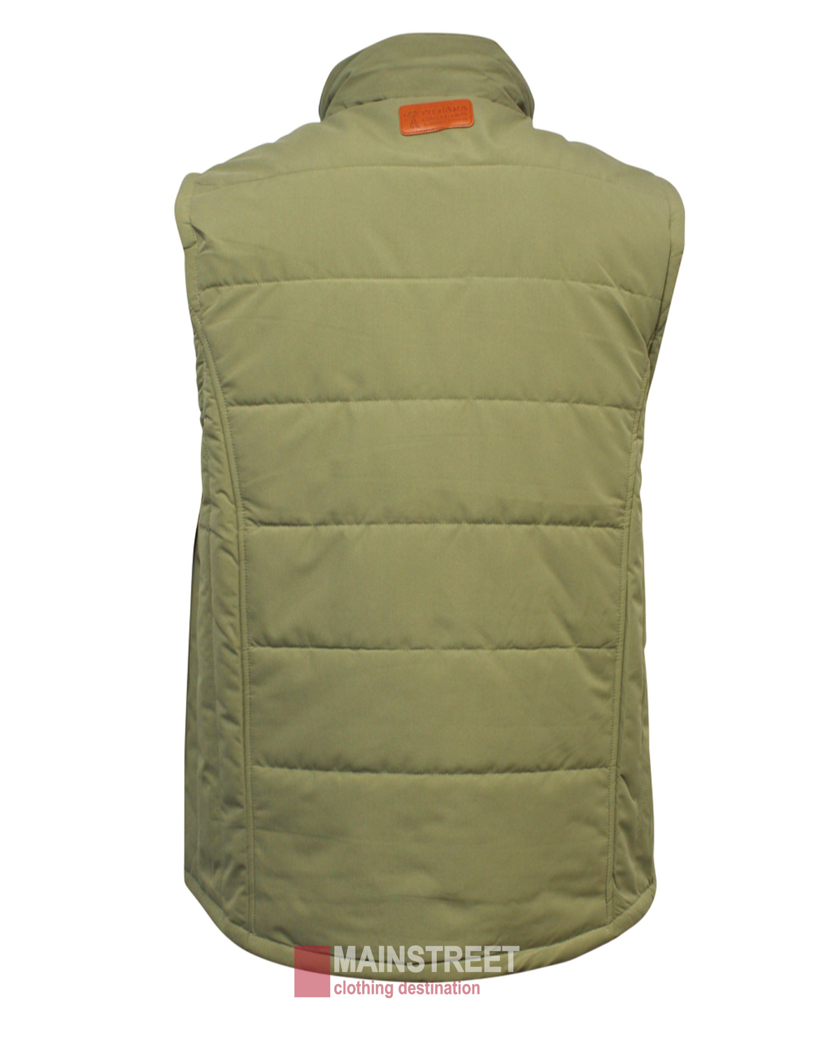 The Pilbara Vest is a tan, quilted, sleeveless microfibre vest featuring a high collar, horizontal stitching, polyfill padding for warmth, and a brown leather patch with the brand name "Mainstreet" on the back.