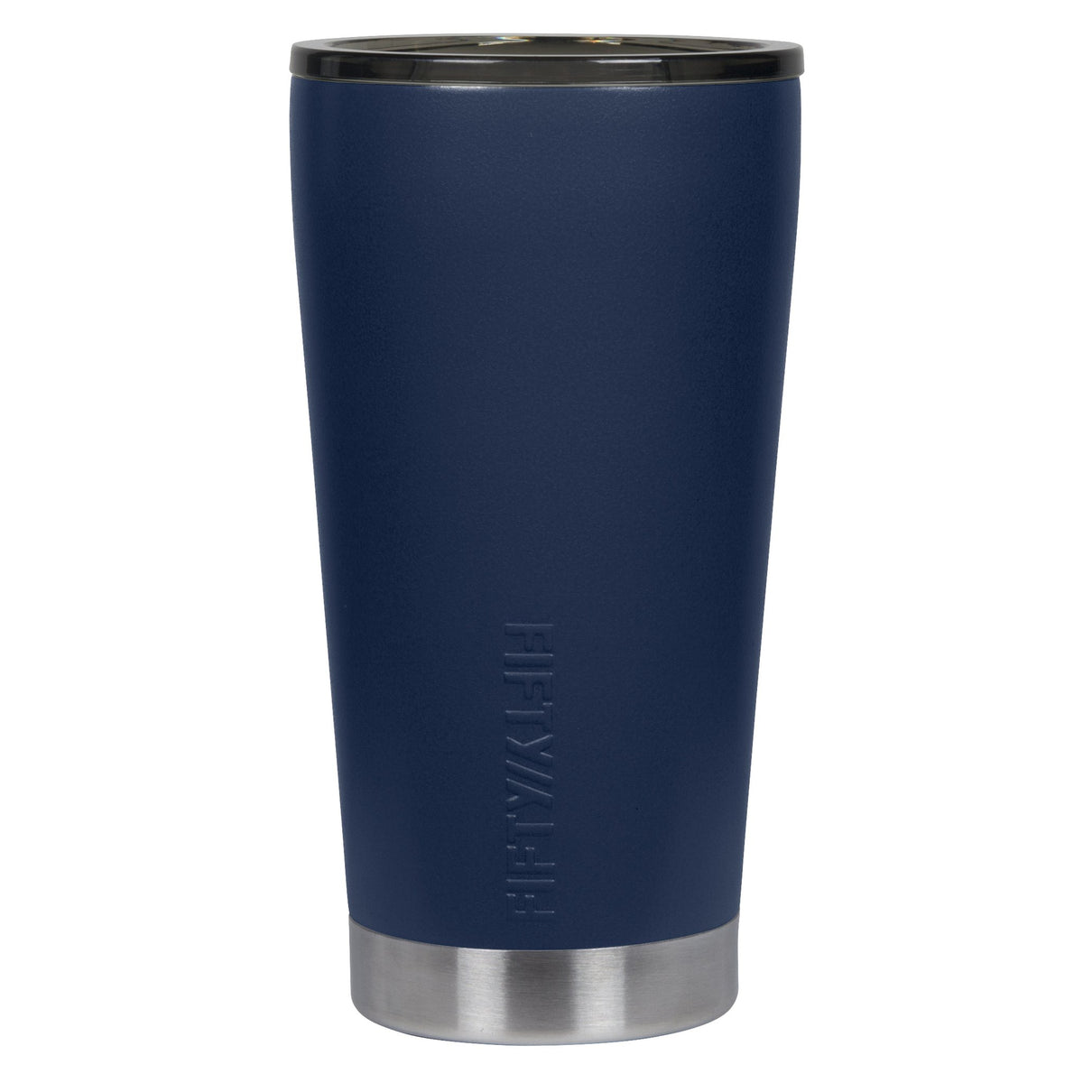 The Fifty Fifty Tumbler with Square Smoke Cap 473ml features a navy blue stainless steel body with a sleek matte finish, accompanied by a black splash-proof lid and a silver base. The vacuum-insulated design keeps drinks at the perfect temperature, and the brand name "FIFTY/FIFTY" is embossed vertically near the bottom.
