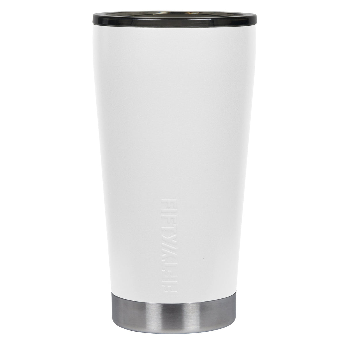 The Fifty Fifty Tumbler with Square Smoke Cap 473ml is a tall, white stainless steel tumbler featuring a black splash-proof lid and a silver base. The vacuum-insulated body boasts an embossed logo in vertical orientation, offering a minimalistic and sleek design.