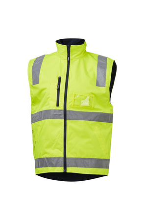 The XAX Reversible Puffa Vest is a sleeveless hi vis yellow safety vest with reflective silver stripes, a zippered front, and a chest pocket, shown on a plain white background.