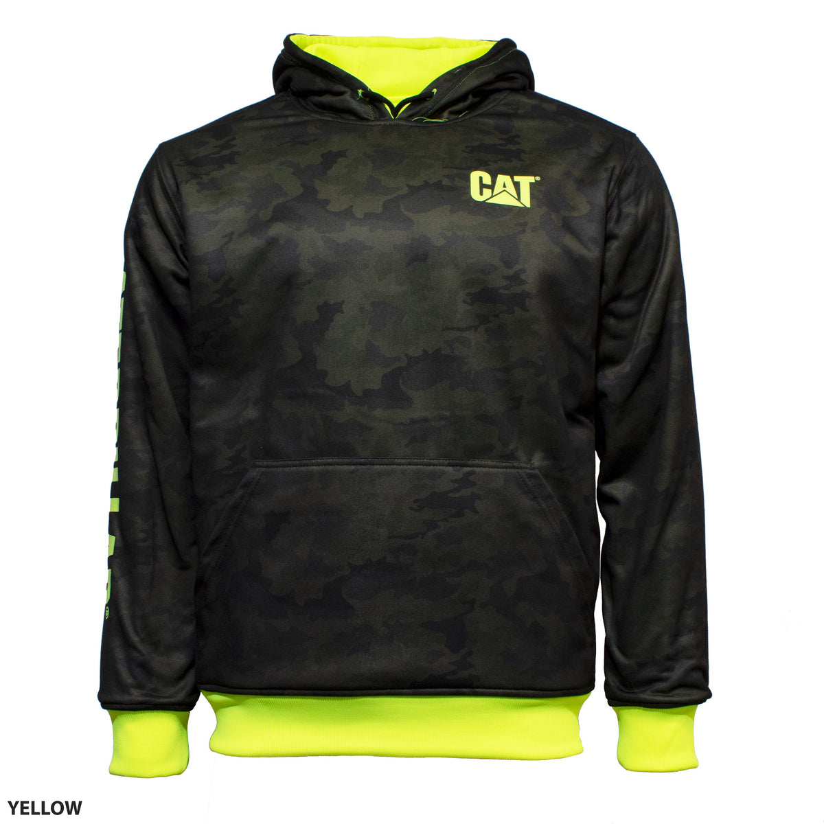 The CAT Reversible Banner Hoodie, featuring a black and neon yellow camouflage pattern, displays the "CAT" logo on the front. This 100% Polyester hooded sweatshirt is reversible, showcasing neon yellow accents on the inner hood lining and cuffs. It also includes a convenient front pouch pocket with the word "YELLOW" displayed in the bottom left corner.
