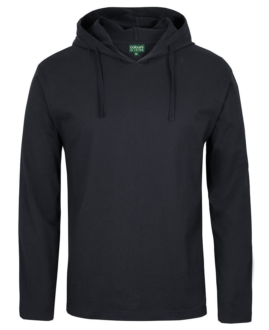 The JBs L/S Hooded Tee, a plain black long-sleeved hoodie, is shown against a white background. Made from 100% cotton, it features a front pocket and a drawstring hood with no visible logos or designs. The fabric appears soft and comfortable, suitable for casual wear with its regular fit.