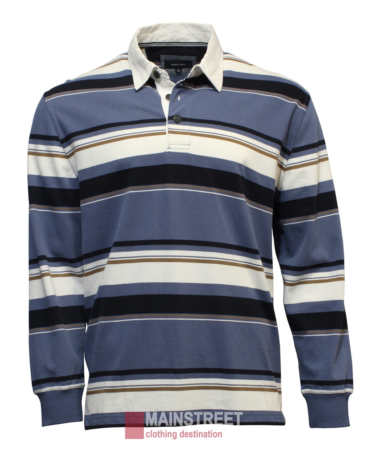 The Back Bay Rugby is a long-sleeve shirt with blue, white, and black stripes. It features a contrast collar, buttoned placket, rib knit cuffs for style, and the "MAINSTREET clothing destination" logo.