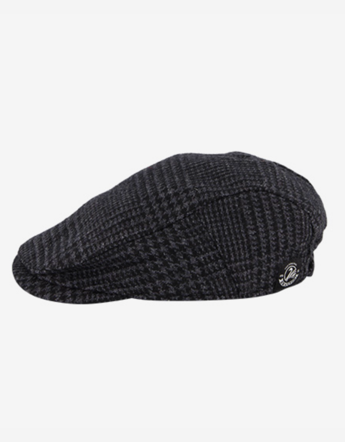 The Swanndri Bristol Flat Cap is crafted from soft wool, featuring a dark plaid design with a subtle checkered pattern and a small logo button on one side, set against a plain white background.