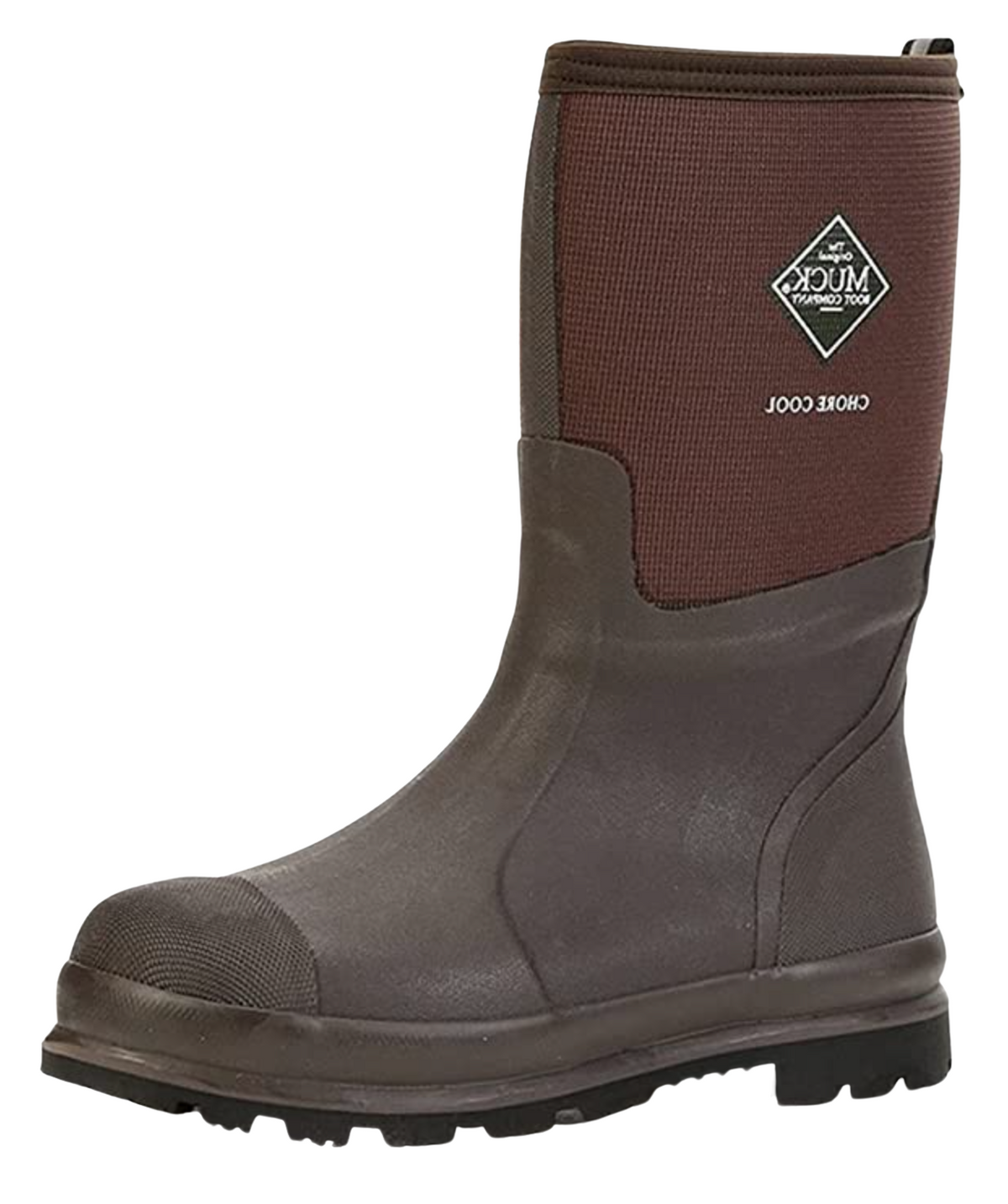 The Muck Boot Chore Cool Steel Toe is a brown and dark red waterproof boot with a thick treaded sole, steel toe protection, and a logo patch on the upper shaft, ideal for outdoor or work environments.