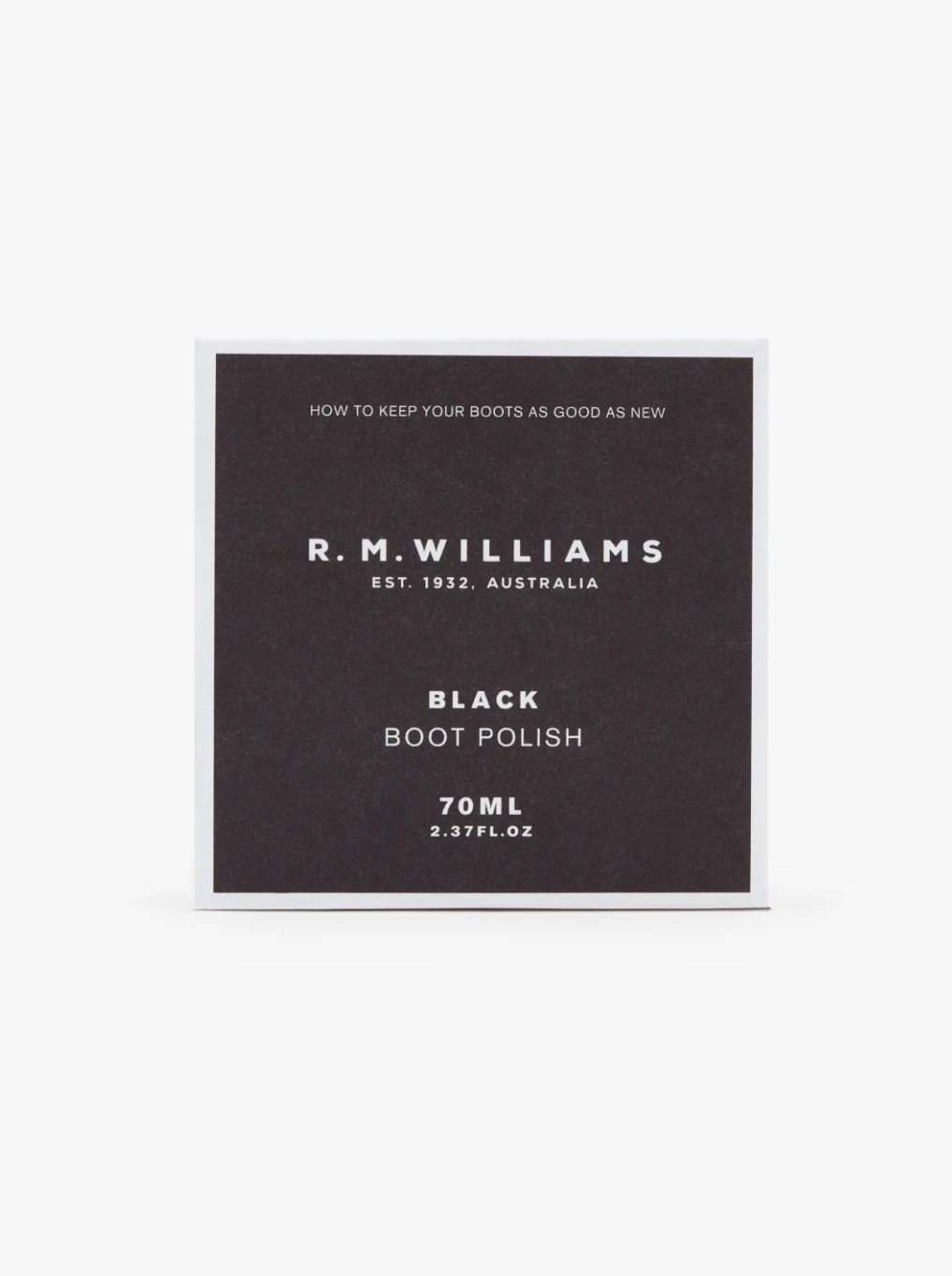 Square tin of RM Williams Stockmans Boot Polish with a simple black and white label. Text on the label reads, "How to restore color and shine to keep your boots as good as new. R.M. Williams Est. 1932, Australia. Black Boot Polish. Alcohol-free formula, 70ml (2.3 fl. oz.).