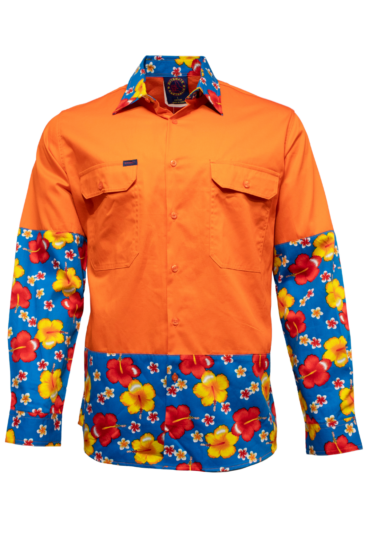 The Ritemate R U Hi Vis Vented Open Front Light Weight Shirt is a vibrant long sleeve shirt with a bright orange upper body and chest pockets, contrasted by blue hibiscus-patterned cuffs, lower sleeves, and bottom.
