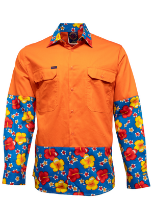 The Ritemate R U Hi Vis Vented Open Front Light Weight Shirt is a vibrant long sleeve shirt with a bright orange upper body and chest pockets, contrasted by blue hibiscus-patterned cuffs, lower sleeves, and bottom.