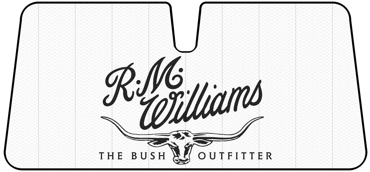 Introducing the RM Williams Logo Sunshade, which features the R.M. Williams logo prominently displayed. The text "R.M. Williams" is written in a stylized script above an image of the RMW Longhorn logo. Below this iconic skull, you'll find the words "The Bush Outfitter." The sunshade has a clean white background with a thin black border and comes with a convenient storage strap for easy handling.