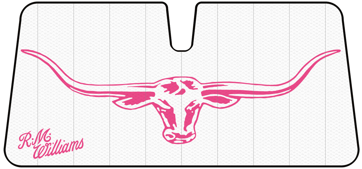 The RM Williams Jillaroo Sunshade, designed with a white background, showcases a prominently large pink outlined drawing of the RMW Longhorn logo in the center. The name "R.M. Williams" is elegantly written in pink cursive in the lower left corner. This sunshade features double bubble thickness and is divided in the middle to perfectly fit a vehicle's windshield.