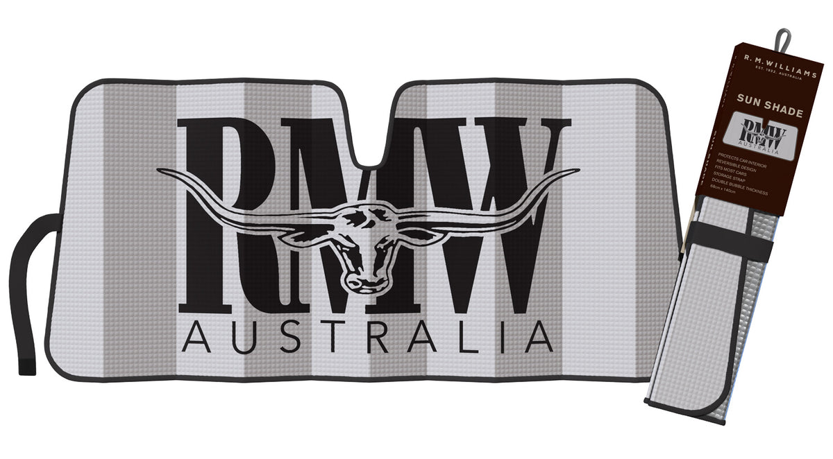 The RM Williams RMW Logo Sunshade showcases the text "R.M. WILLIAMS AUSTRALIA" next to a graphic of a longhorn skull. This silver windscreen sunshade features black accents and comes with a matching storage case, conveniently displayed on the right side of the image.