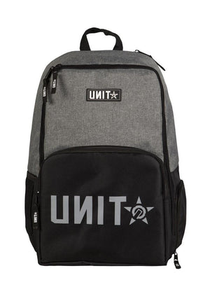 The UNIT Form Backpack in gray and black features a front zipper pocket, star logo, white "UNIT" print, secure zipper closures, and a dedicated laptop compartment for convenience.