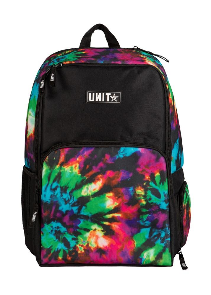 The UNIT Toxin Backpack showcases a vibrant rainbow tie-dye front and sides, black top and zippers, an upper front UNIT logo patch, plus a padded laptop compartment for added convenience.