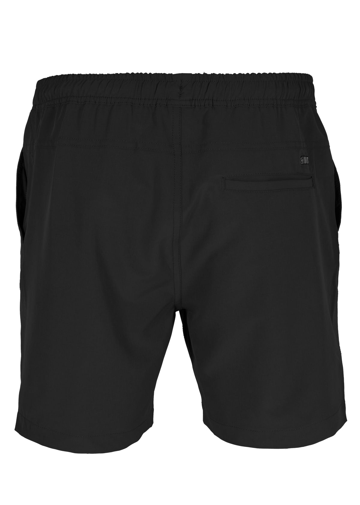 The UNIT Boardwalk Elastic Waist Short is shown from the back, featuring an elastic waistband, right back pocket, and a smooth 4-way stretch design for comfort.