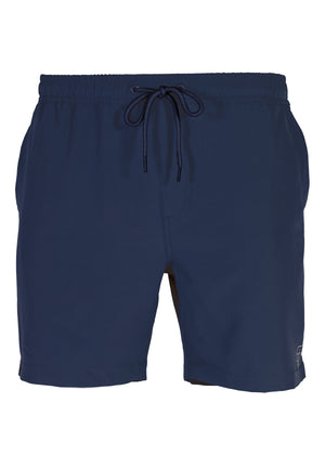 The UNIT Boardwalk Elastic Waist Short for men in navy blue features 4-way stretch fabric, an elastic waistband with a drawstring tie, and side pockets, shown against a white background.