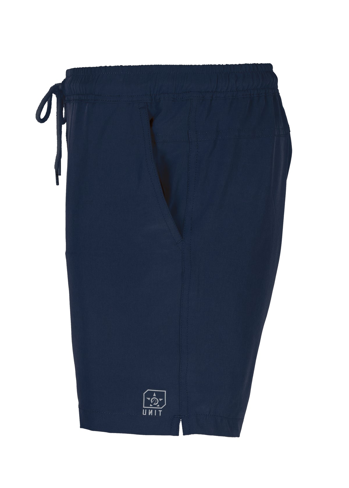 The UNIT Boardwalk Elastic Waist Short in navy blue features an elastic waistband, drawstring, side pocket, quick-dry 4-way stretch fabric for comfort, and a small white logo on the left hem.