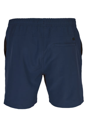 Rear view of the UNIT Boardwalk Elastic Waist Short in navy blue, featuring an elastic waistband, side pockets, and a right back pocket. These quick-dry shorts have a plain design with no visible rear brand logos.