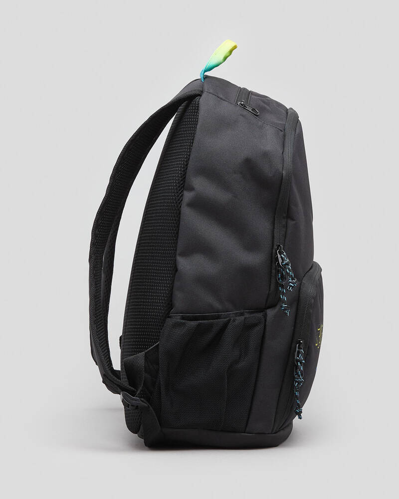 Side view of the black Rip Curl Evo 24L Diamond Eco Backpack, showcasing its multiple compartments including a cooler compartment and mesh side pockets. Blue zipper pulls and a small blue-green handle strap add detail, with adjustable straps ensuring comfort against the plain light grey background.