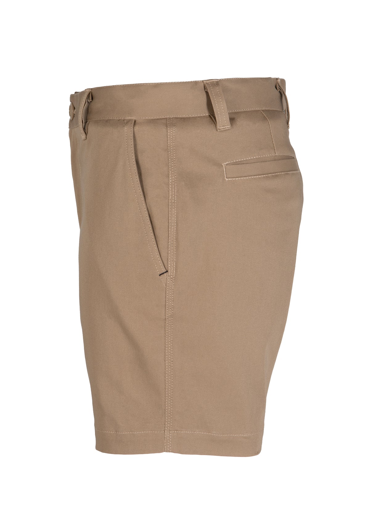 The UNIT Trench Stretch Work Short in tan khaki, featuring belt loops, a reinforced button, a side pocket, and a back welt pocket, is shown from the side on a white background.