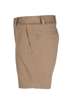 The UNIT Trench Stretch Work Short in tan khaki, featuring belt loops, a reinforced button, a side pocket, and a back welt pocket, is shown from the side on a white background.