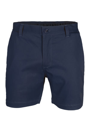 The UNIT Trench Stretch Work Short in navy blue offers UPF 50+ protection, a reinforced button, zip closure, belt loops, and visible stitching, shown on a white background.