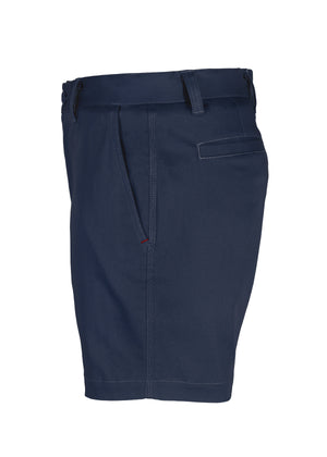 UNIT Trench Stretch Work Short in navy blue with UPF 50+, belt loops, reinforced button, side & back welt pockets, and visible stitching, displayed from the side on a white background.