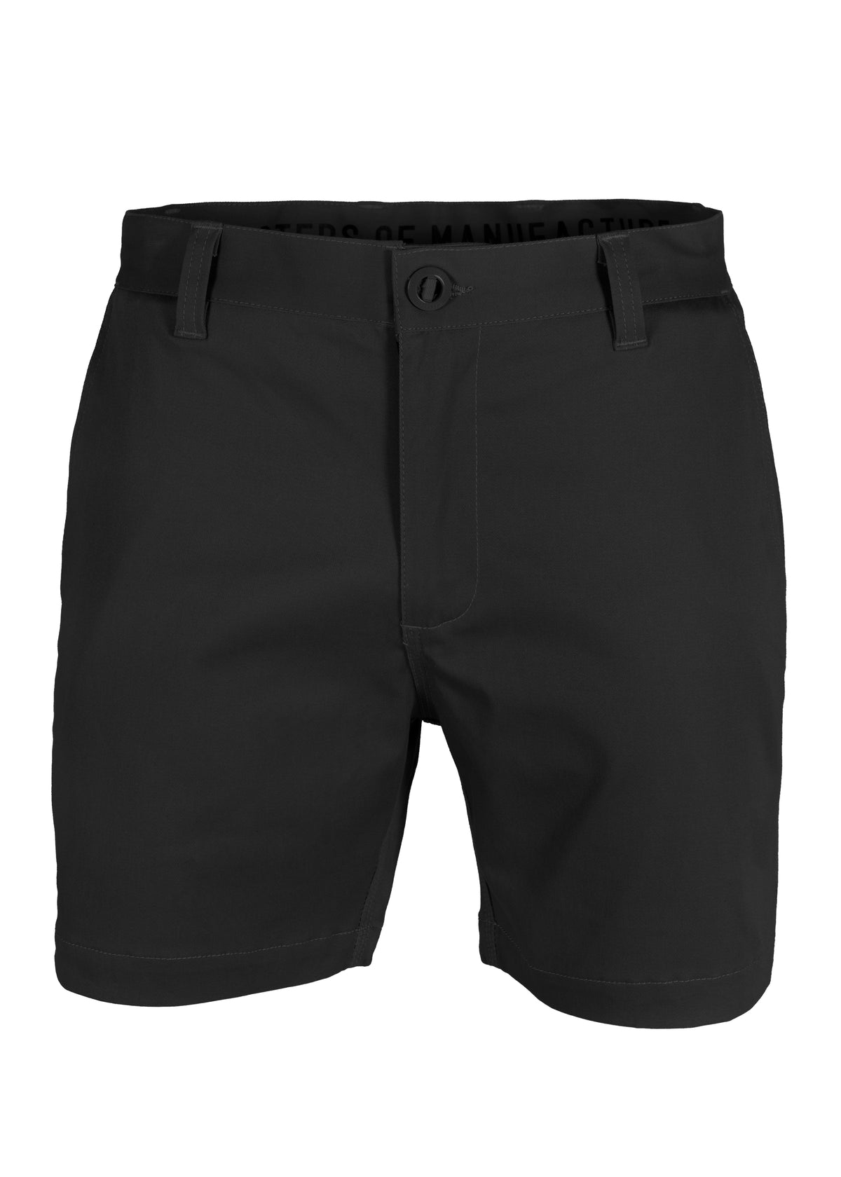 The UNIT Trench Stretch Work Short is a black casual work short with reinforced button and zip closure, belt loops, and front pockets. Shown on a plain white background, it offers UPF 50+ protection for outdoor comfort.