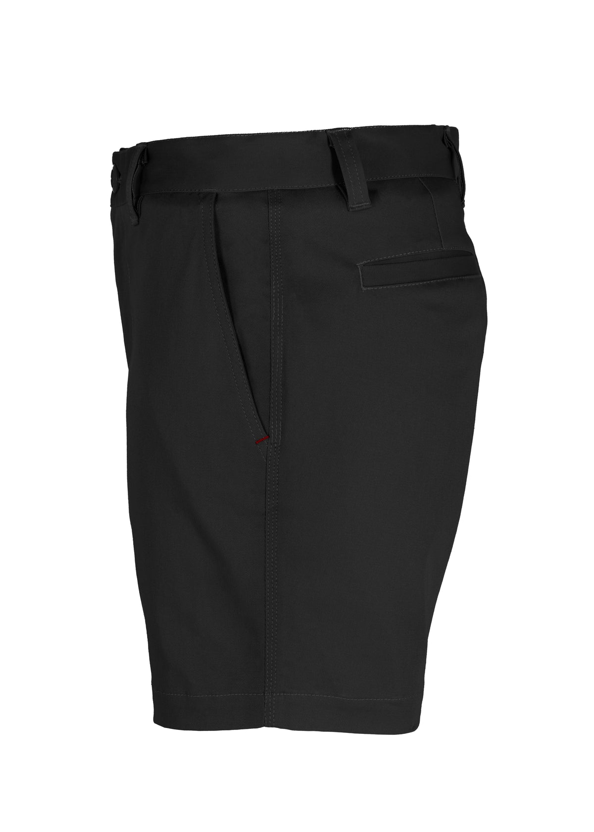 The UNIT Trench Stretch Work Short in black, knee-length, features belt loops, a reinforced button, side pocket, and single back pocket. Displayed on a white background and shown from the side.