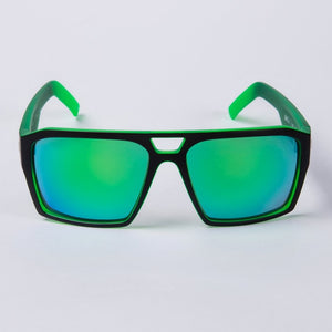 UNIT Vault Polarised Eyewear features large, rectangular polarised lenses and a bold green and black lightweight frame with bright green arms, providing stylish UV protection against a plain white background.