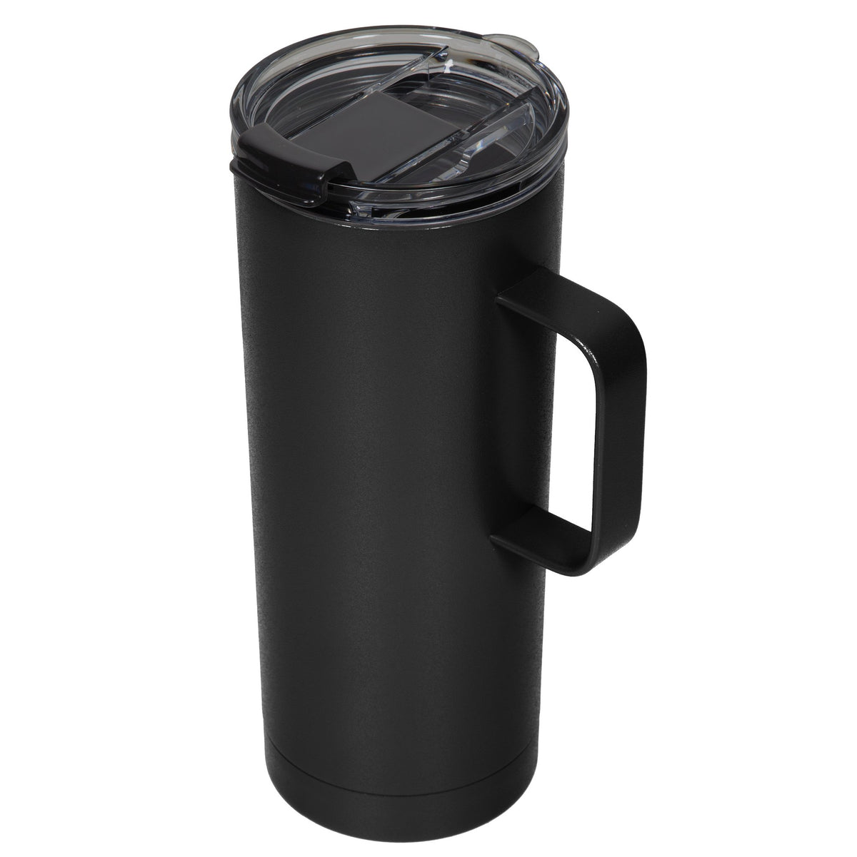 The Fifty Fifty Tall Mug with Smoke Lid (591ml) boasts a sleek, black, vacuum-insulated design, complete with a clear smoke lid and sturdy handle. Ideal for hot or cold beverages.