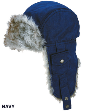 An Avenel Canvas Flying Cap in navy blue, featuring faux fur lining around the ears and edges. The hat includes a buttoned strap for securing under the chin and has the text "NAVY" located in the bottom left corner.