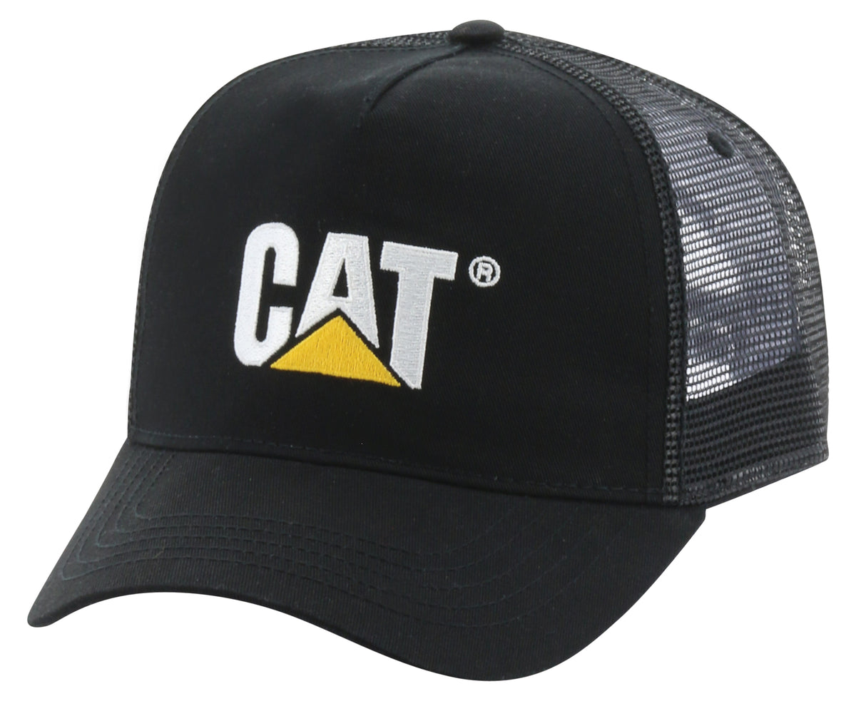 The CAT Design Mesh Trucker Cap in black features a distinctive CAT embroidered logo in white and yellow on the front panel, complemented by the signature yellow triangle. This cap includes mesh back panels, a curved bill, and an adjustable strap at the back for a perfect fit.