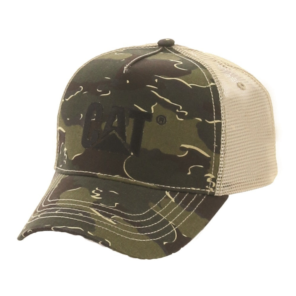 The CAT Design Mesh Trucker Cap features a solid camo pattern on the front with mesh back panels in light beige and a "CAT" embroidered logo in dark thread prominently displayed on the front.