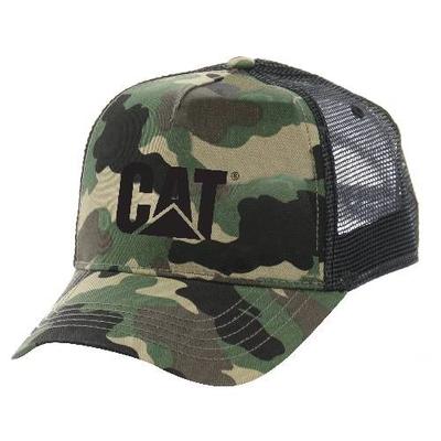 The CAT Design Mesh Trucker Cap showcases a camouflage pattern with a black mesh back and an embroidered CAT logo in black on the front.