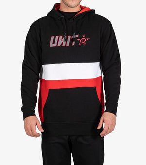 Someone wears the UNIT Express Hoodie Fleece, a comfy black hoodie with red lining, white and red chest stripe, front pocket, and "UNIT" with a star logo printed on the chest.