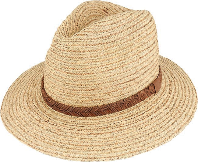 The Avenel Raffia Safari With Braided Leather Band is a beige straw fedora hat featuring a slightly twisted crown and a decorative brown braided leather band around its base. It boasts a wide brim, raffia texture, and offers UPF 50+ protection, making it both casual and stylish for sunny weather.