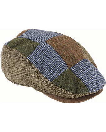 The Dot & Co Wool Blend Patchwork Cap showcases a mix of patterns and textures, including blue and brown houndstooth, green tweed, and brown herringbone sections. Crafted from a wool blend, this cap features a traditional design with a short brim and snug fit.