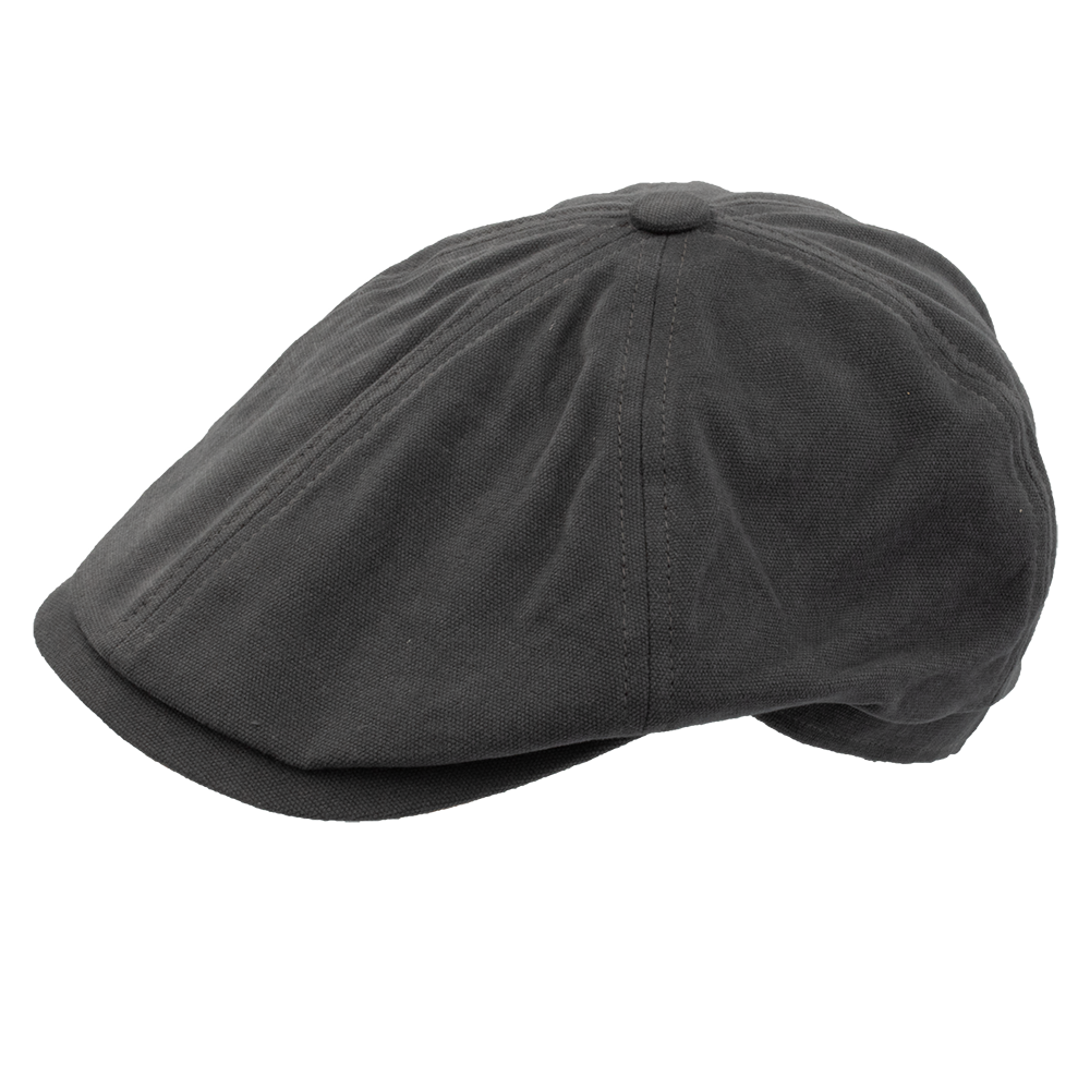 The Avenel Failsworth Canvas Hudson Hat, in charcoal gray, is a textured cotton canvas newsboy cap featuring a classic top button and short brim. Its 6-panel design with subtle seams adds stylish structure.