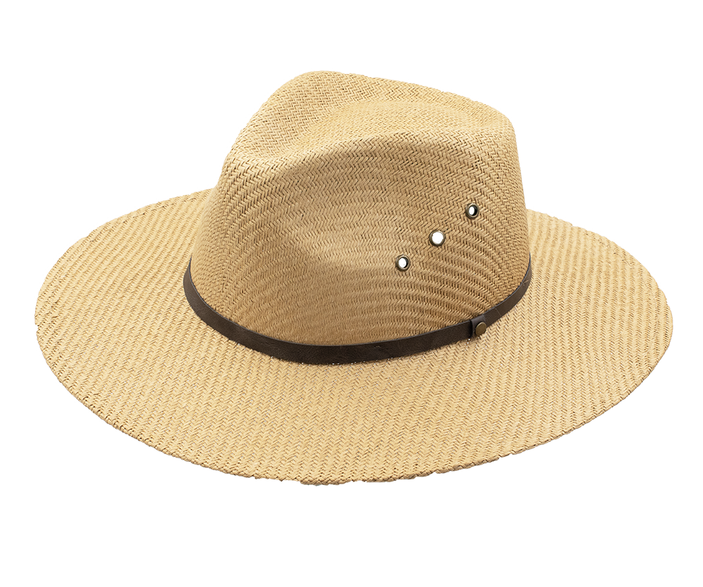 The Avenel Woven Teardrop Fedora is a beige straw hat with a wide brim, dark brown band, and three metal eyelets for ventilation. Its woven texture gives it a classic, casual look.