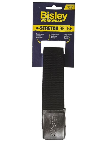 A Bisley Stretch Webbing Belt in its packaging. The packaging is primarily dark blue and purple with yellow details. The black belt features a metallic buckle engraved with "Bisley Hard Yakka." The label highlights adjustability, fit, and the convenience of one size fits all.